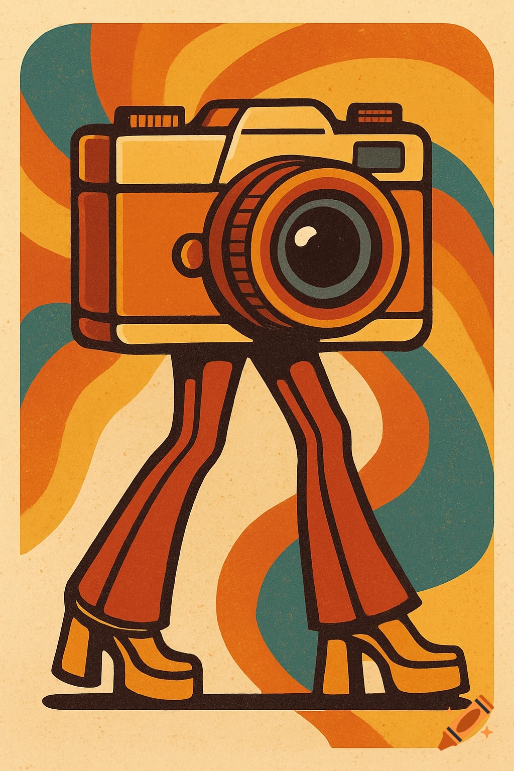 A camera with legs wearing bell bottoms and platform shoes, walking in a 70s retro art style.