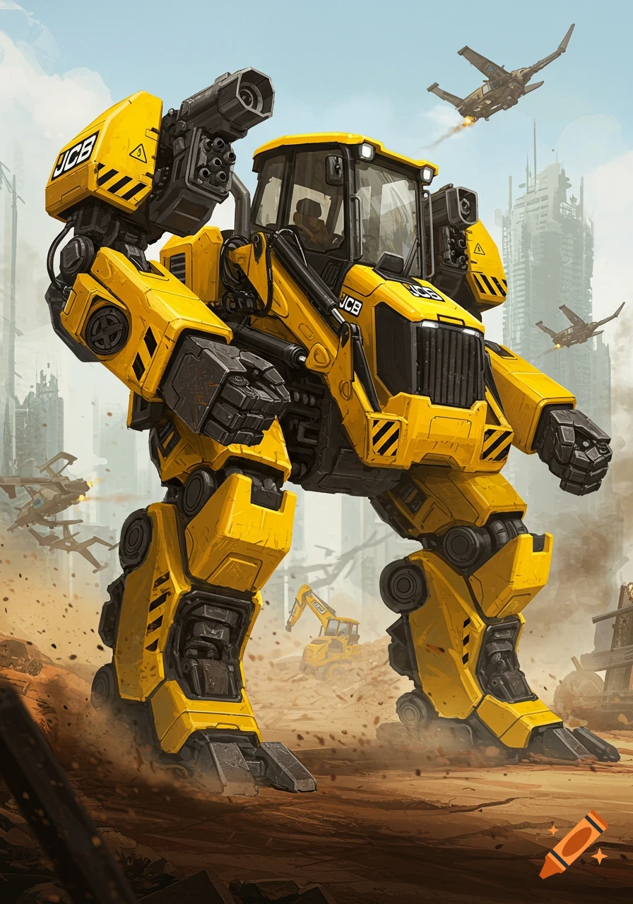 Giant yellow JCB construction vehicle mecha in a ruined city landscape with aircraft.