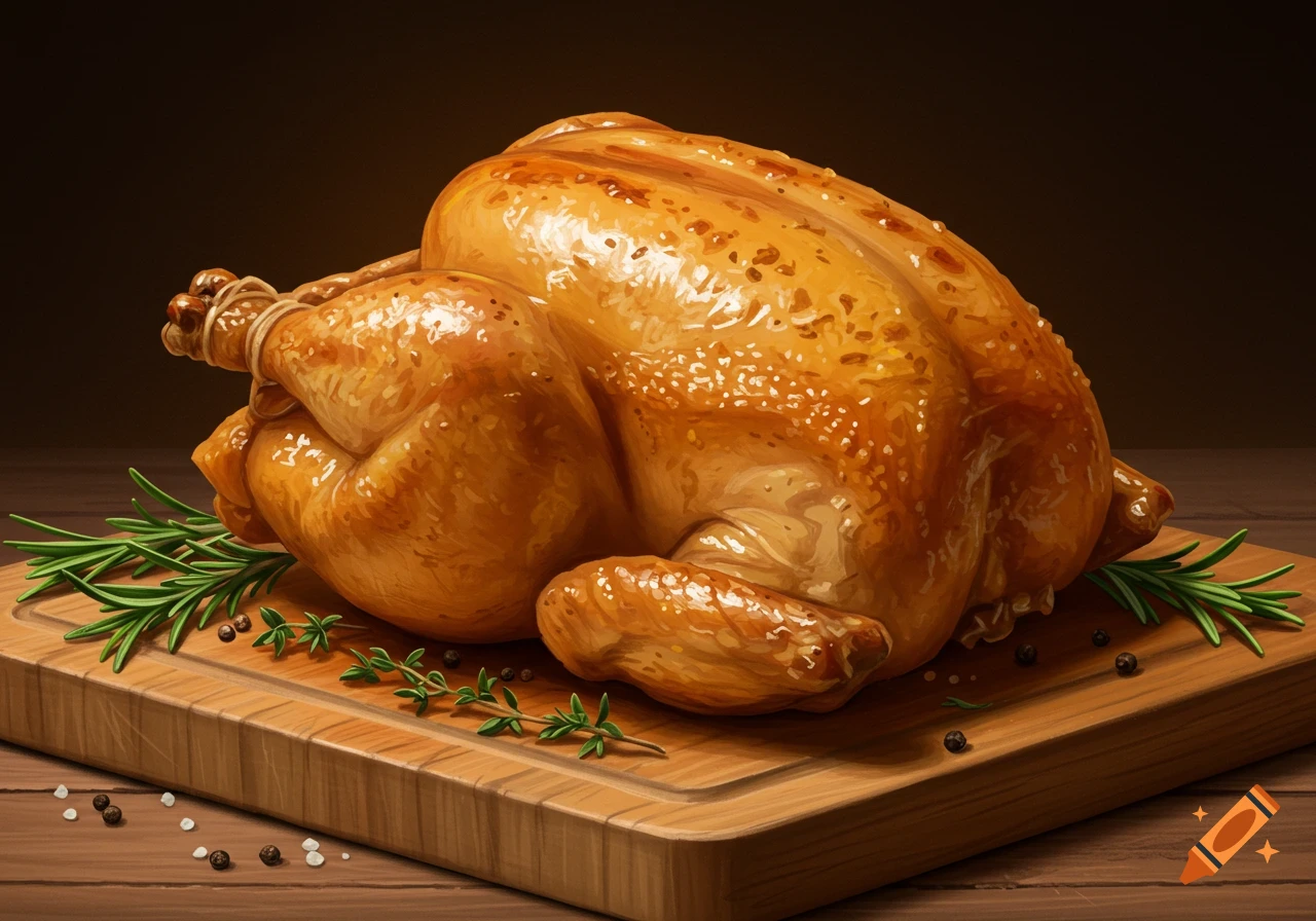 Whole roasted chicken on a wooden cutting board with herbs and peppercorns. Photorealistic.