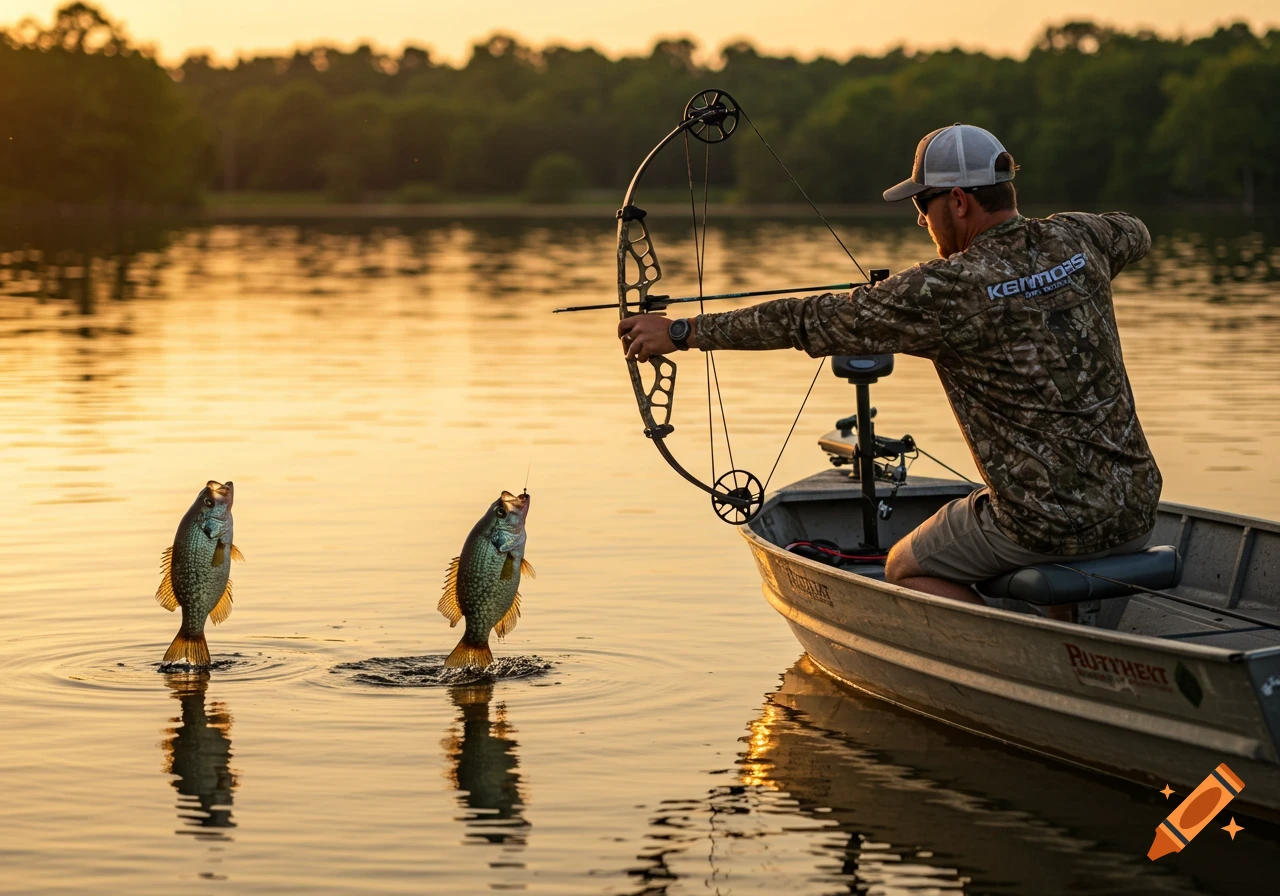 Man bowfishing from a boat at sunset with two fish jumping out of the water.