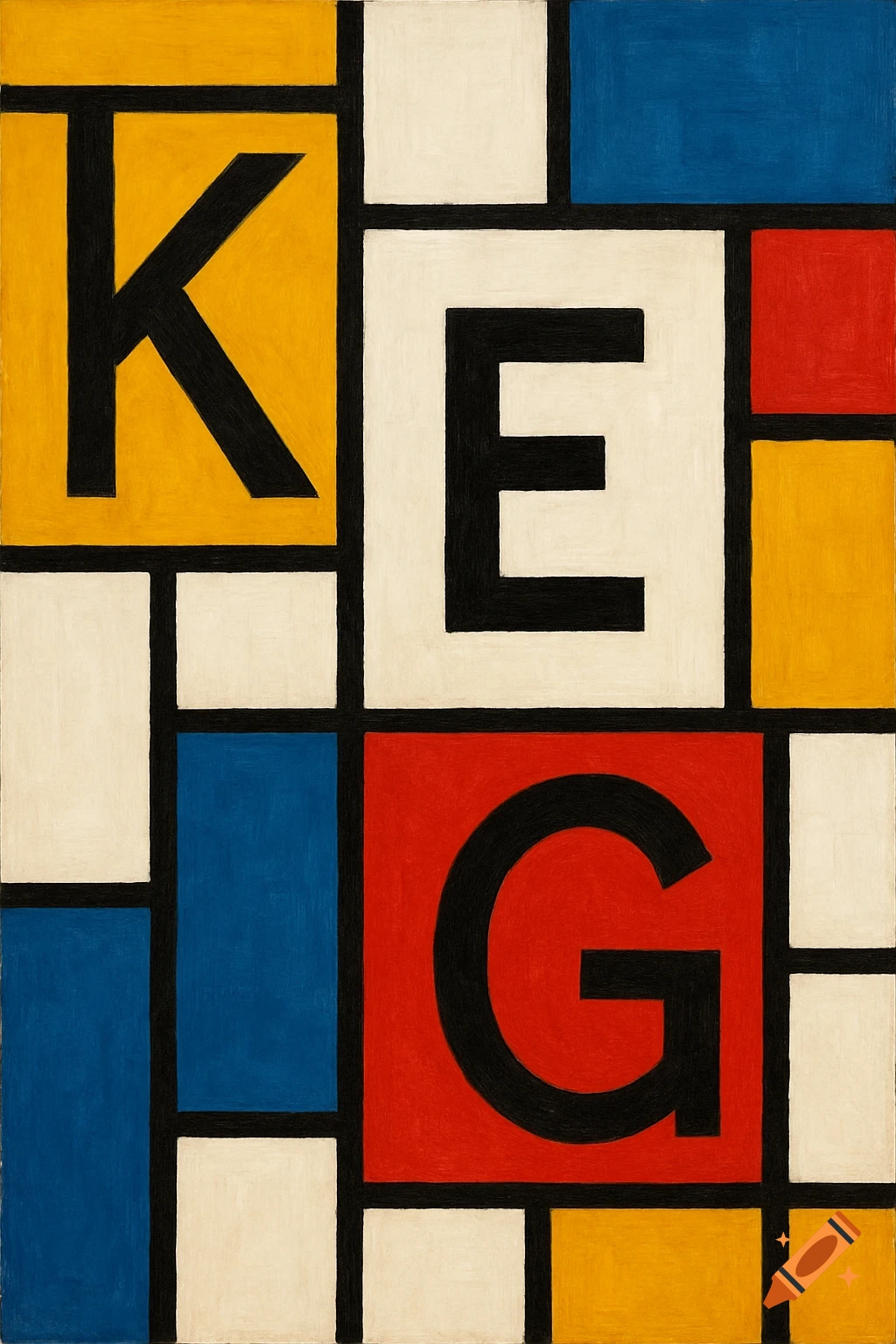 Mondrian style painting with large black letters K, E, and G on yellow, white, and red rectangles.