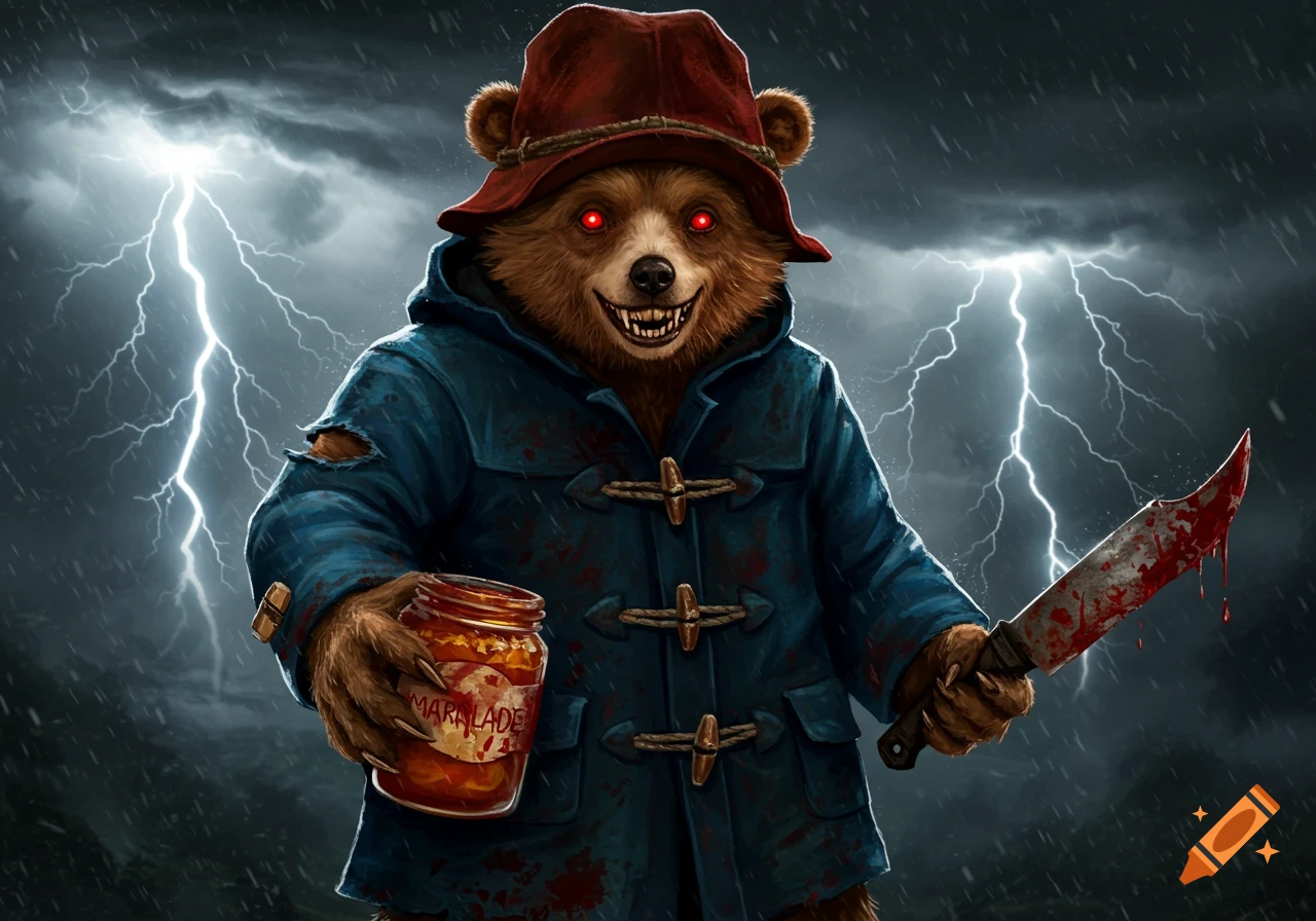 Evil-looking bear in coat holds bloody knife and marmalade jar in a storm