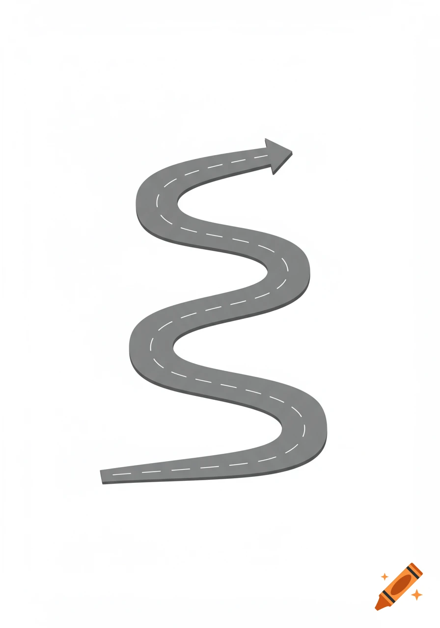 Winding road graphic with an arrow on a white background