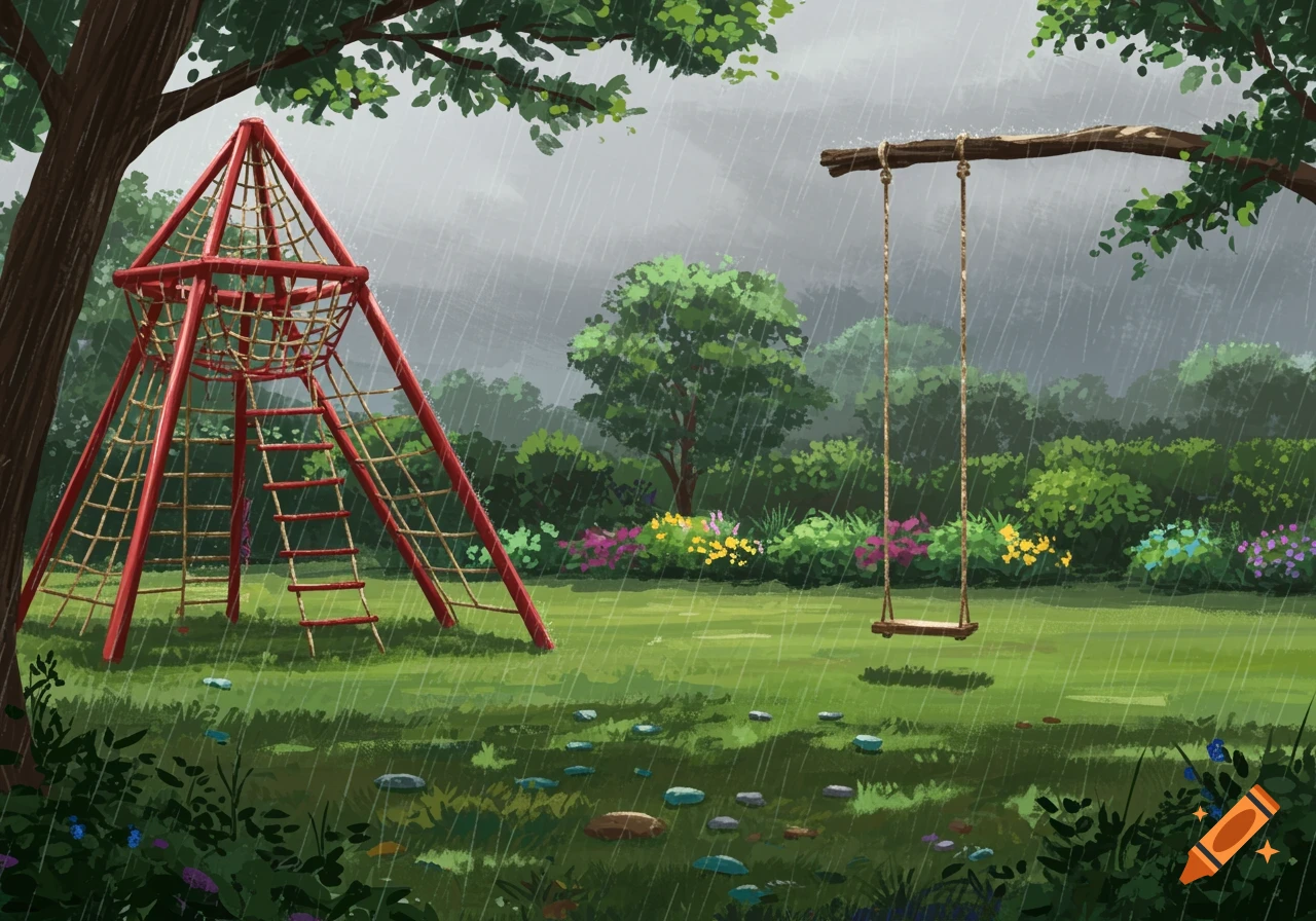 A red climbing frame and a wooden swing stand in a green garden during a rain shower.