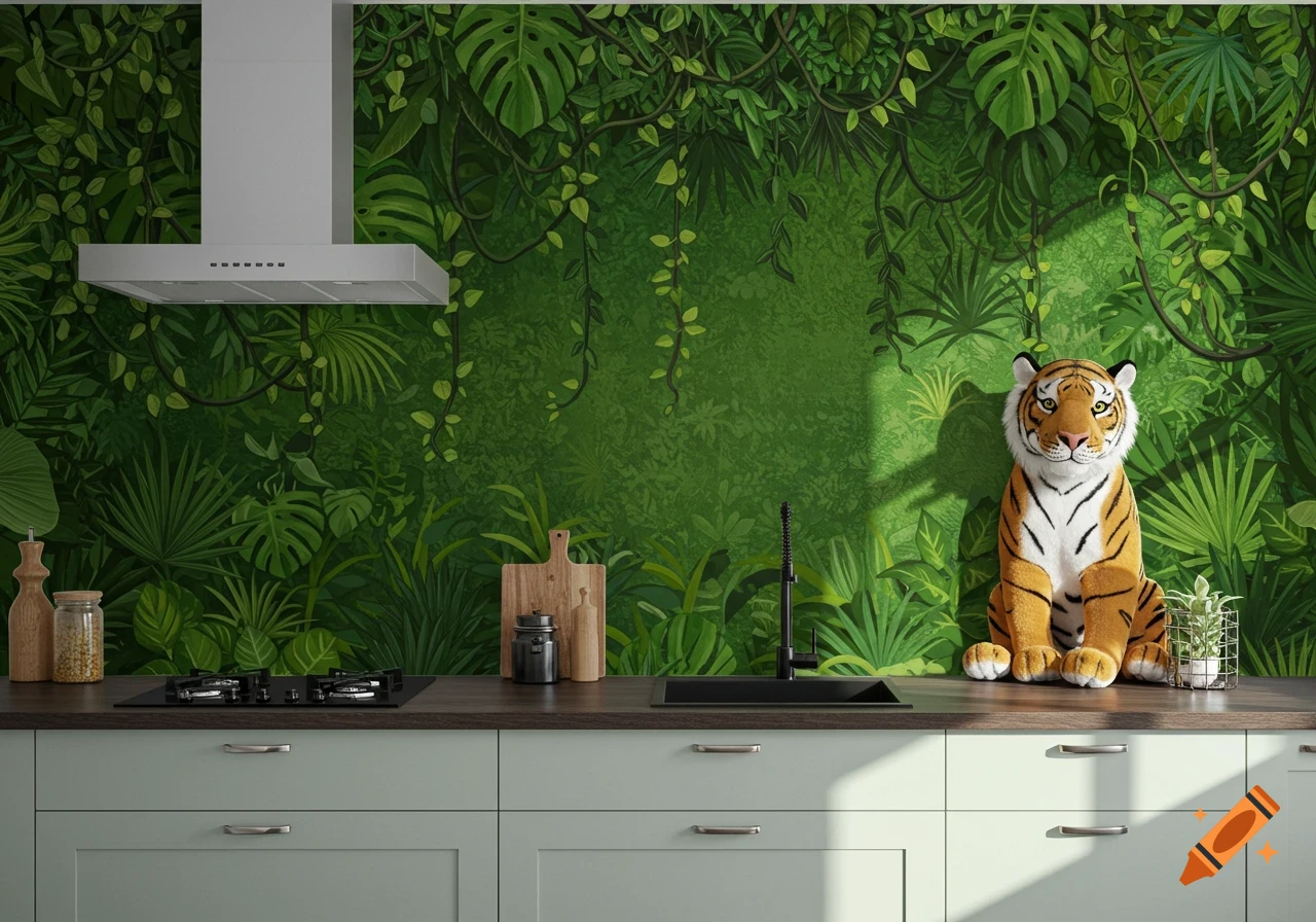 A realistic kitchen counter with a jungle wallpaper background and a large plush tiger sitting on the counter.
