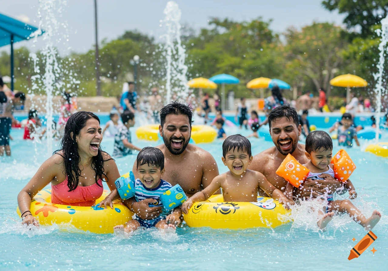 Family laughing and splashing in a waterpark pool with inner tubes.