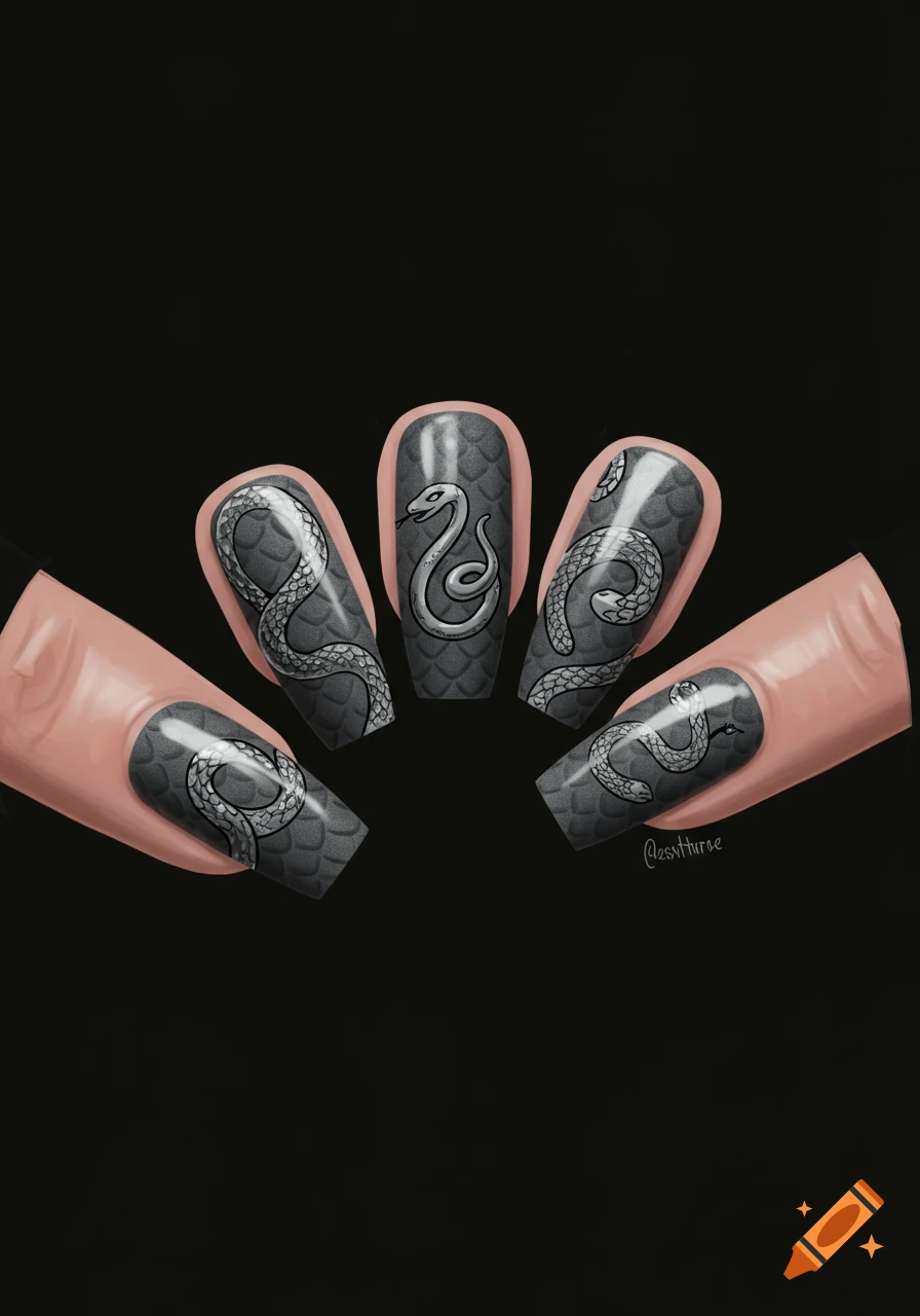Close up of fingernails with grey scale pattern and silver snake designs