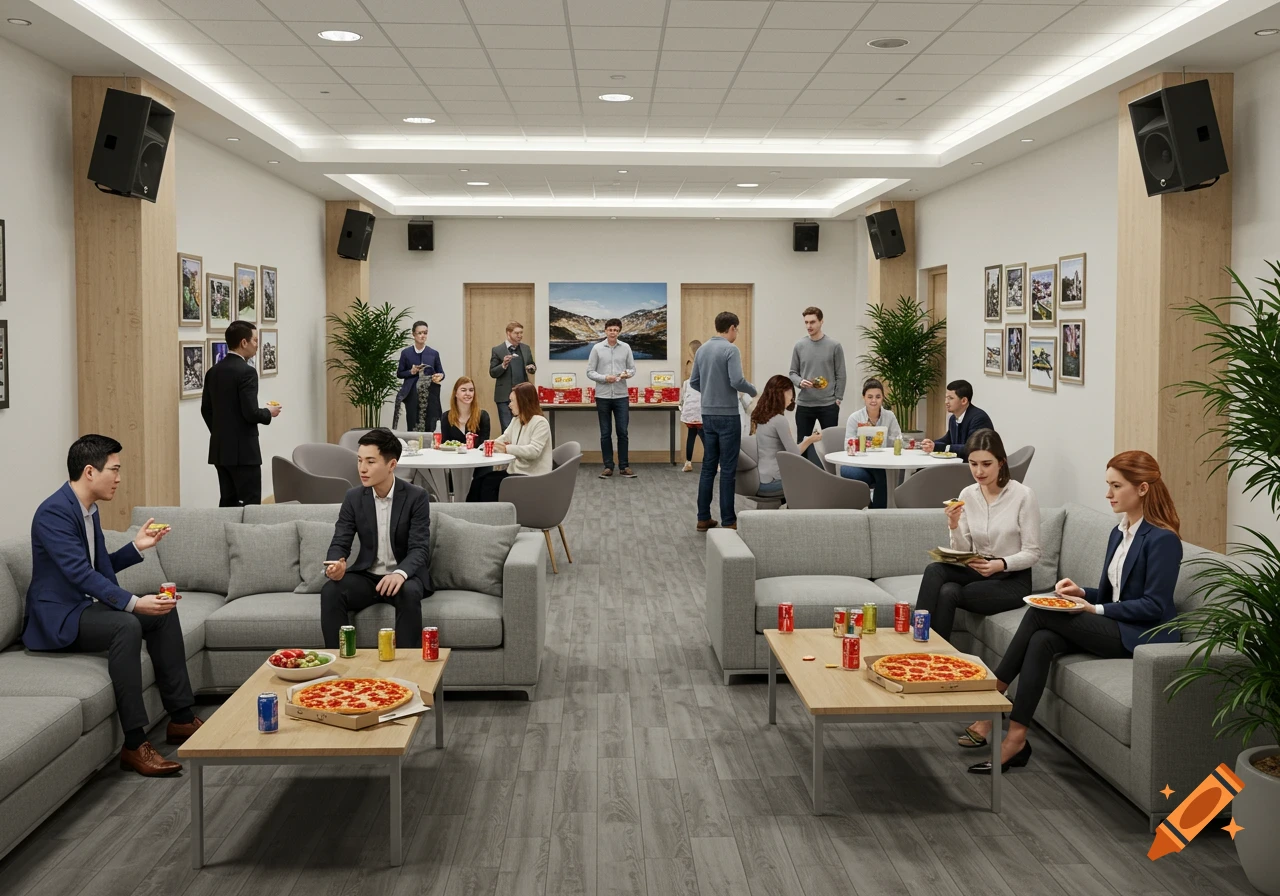 People eating pizza and drinking soda in a modern office lounge area