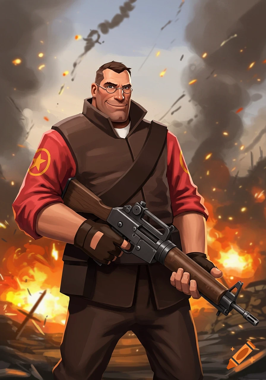 Stylized illustration of a character resembling the Team Fortress 2 Sniper holding a rifle in a battlefield.
