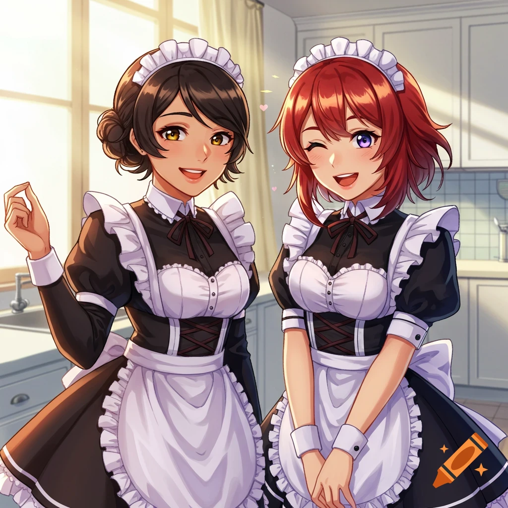 Two anime women in maid outfits smiling in a kitchen.