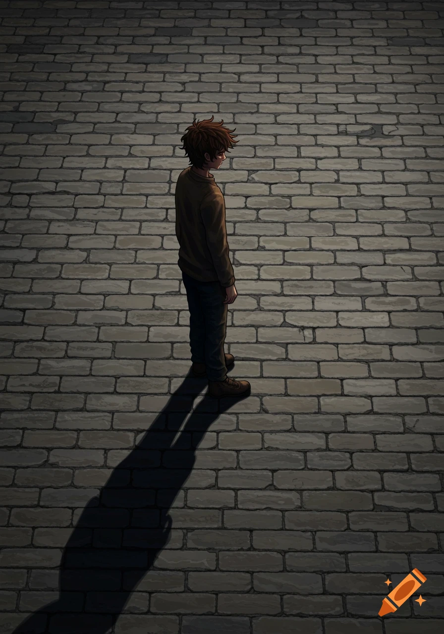 Illustration of a sad person standing on a brick street.
