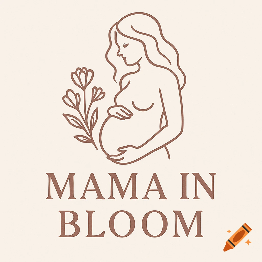 A minimalist line art logo featuring a pregnant woman holding her belly, with a flower. Text below reads "Mama in Bloom".