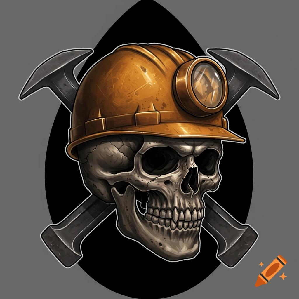 Stylized skull wearing a mining hard hat with crossed pickaxes behind it