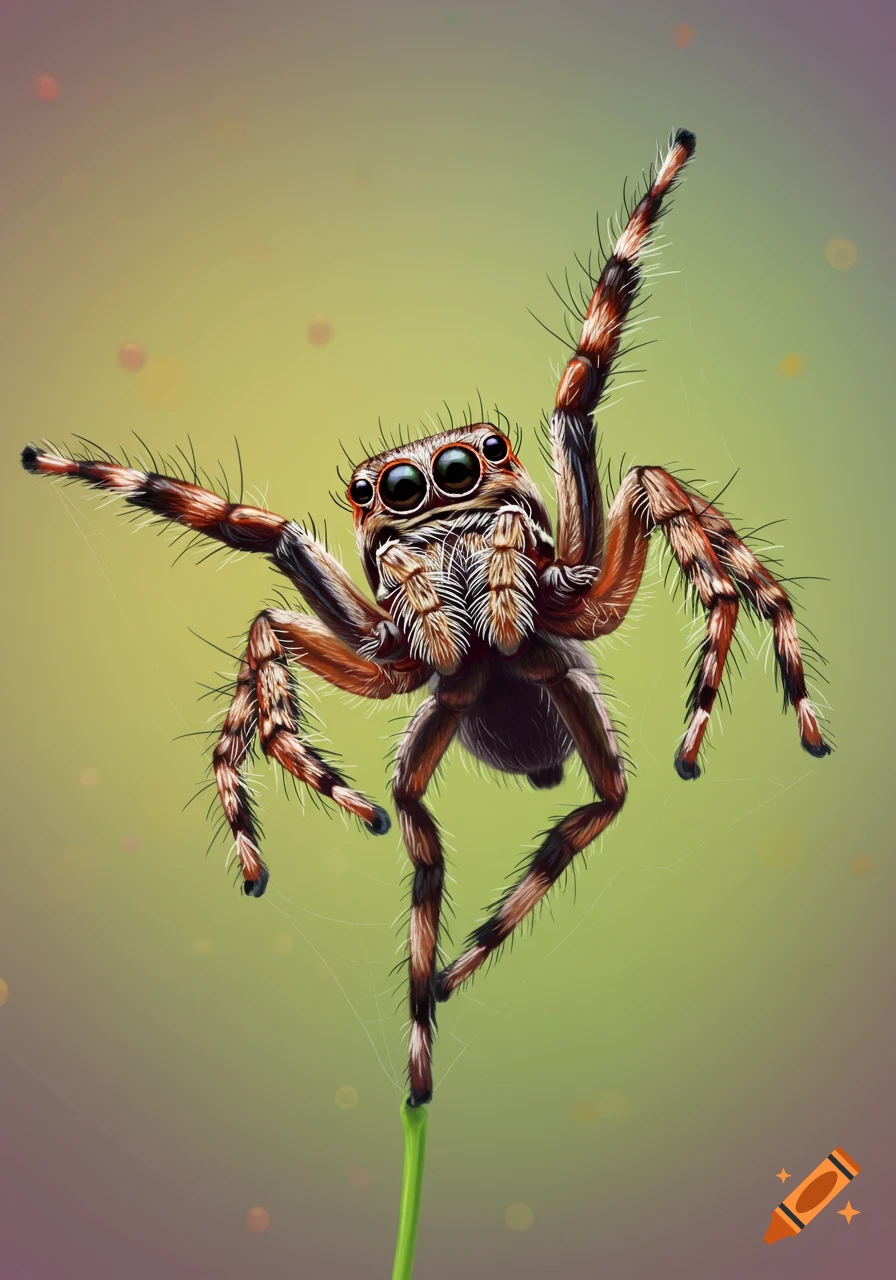 Digital painting of a jumping spider with large eyes and furry legs on a green stalk against a gradient background.