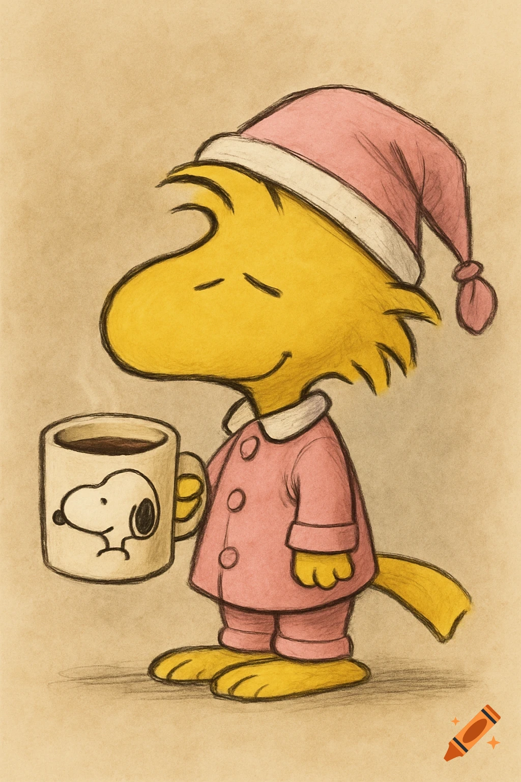 Woodstock from Peanuts in pink pajamas holding a coffee cup with Snoopy on it, sketch style.