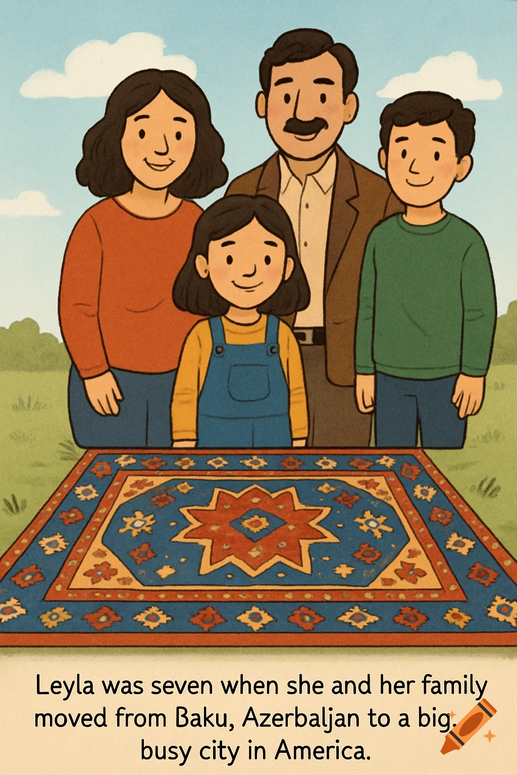 Illustration of a family standing behind a large rug on the grass.