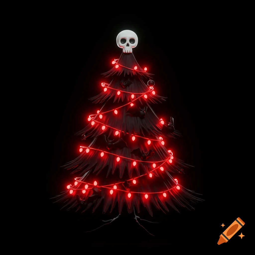 Spooky black Christmas tree with red lights, bats, and a skull topper on a black background.