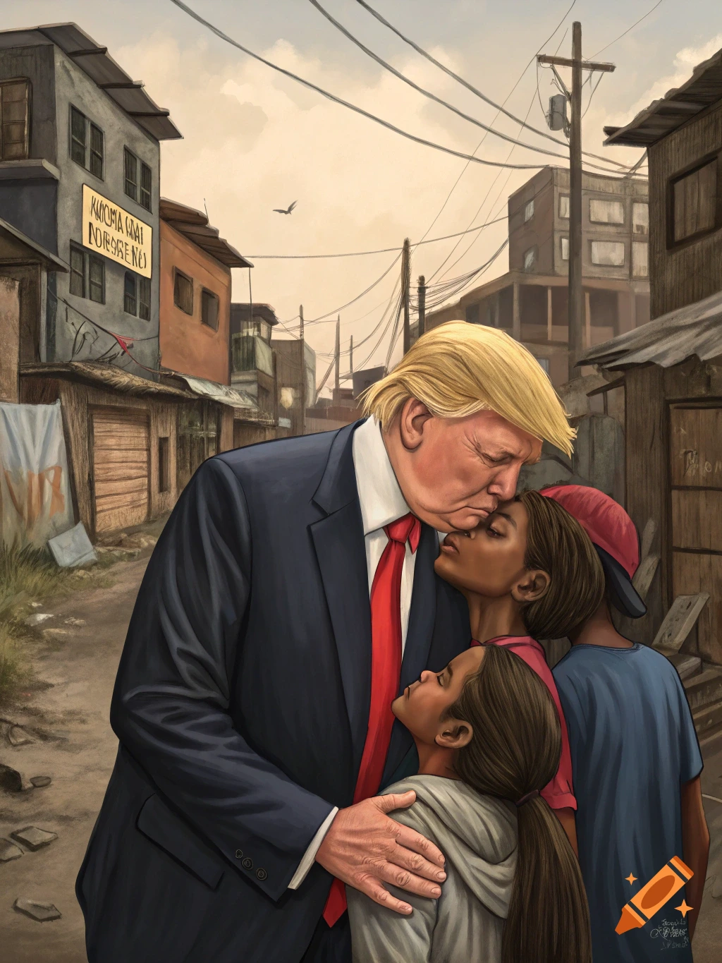 Illustration of Donald Trump embracing children in a poor urban setting.