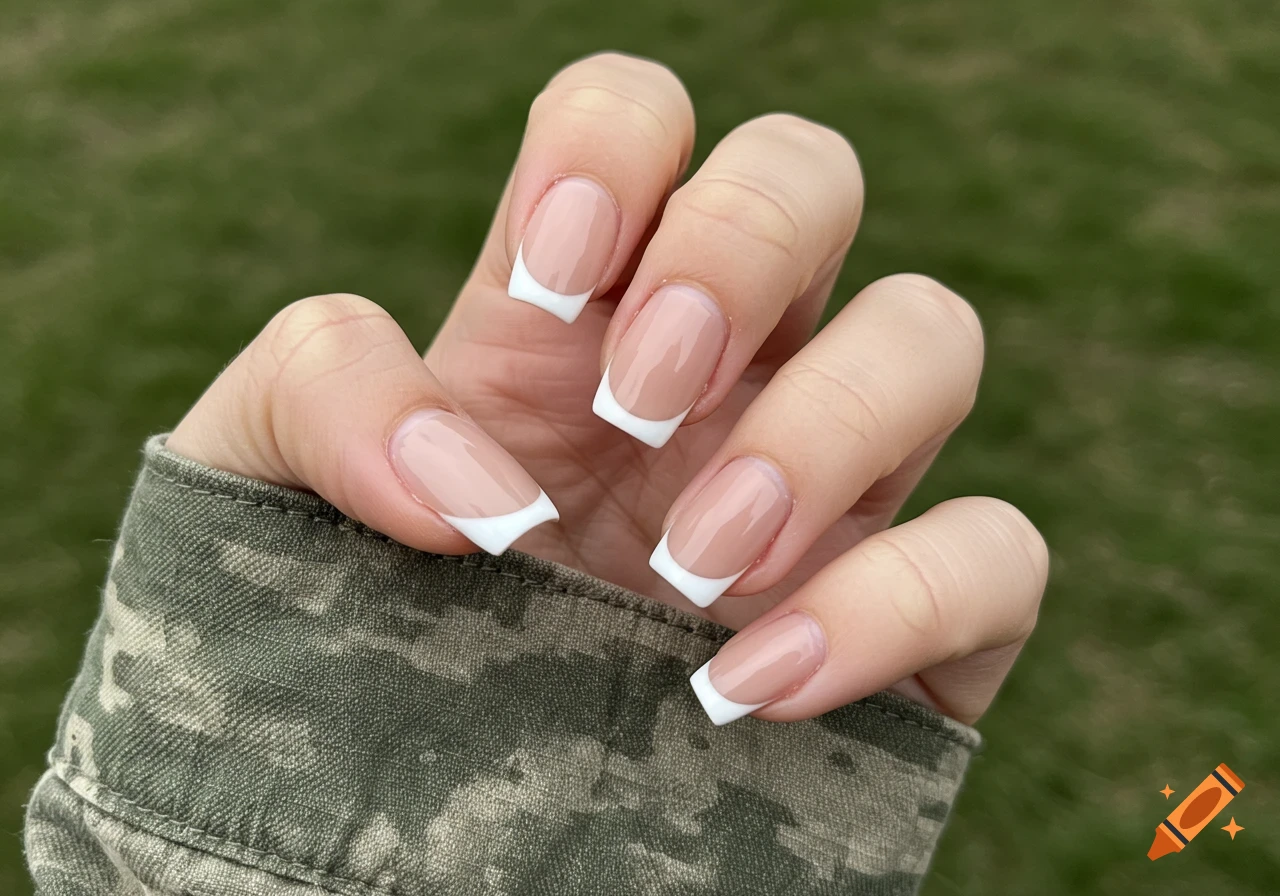 Close up of a hand with French tipped nails and camouflage sleeve