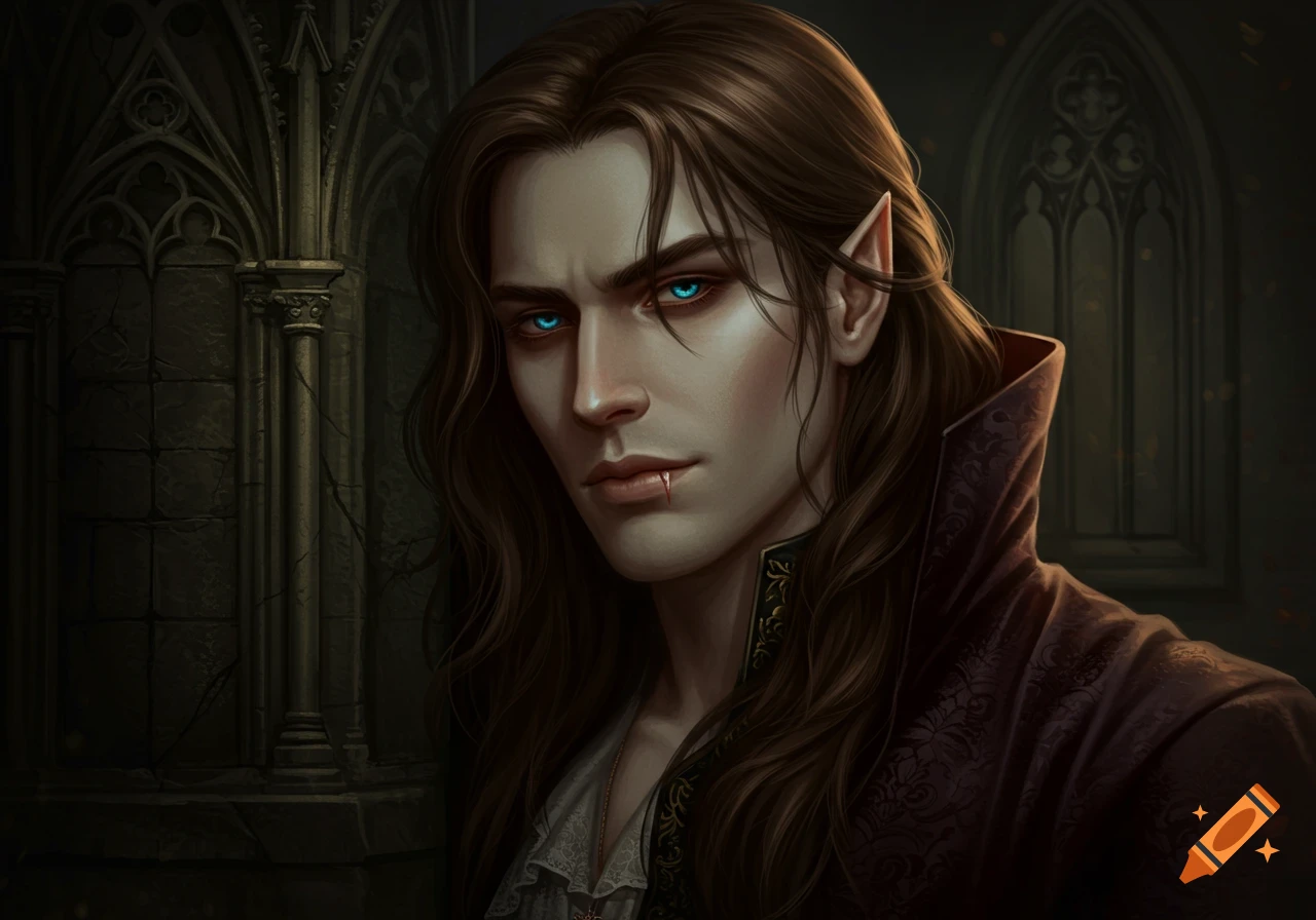 Close-up portrait of a male vampire with blue eyes in a gothic setting.