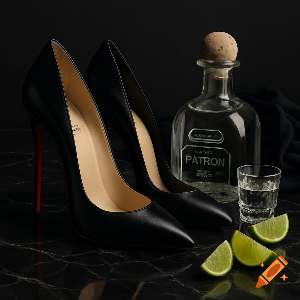 Photorealistic still life of black high heels, tequila bottle, shot glass, and limes on marble.