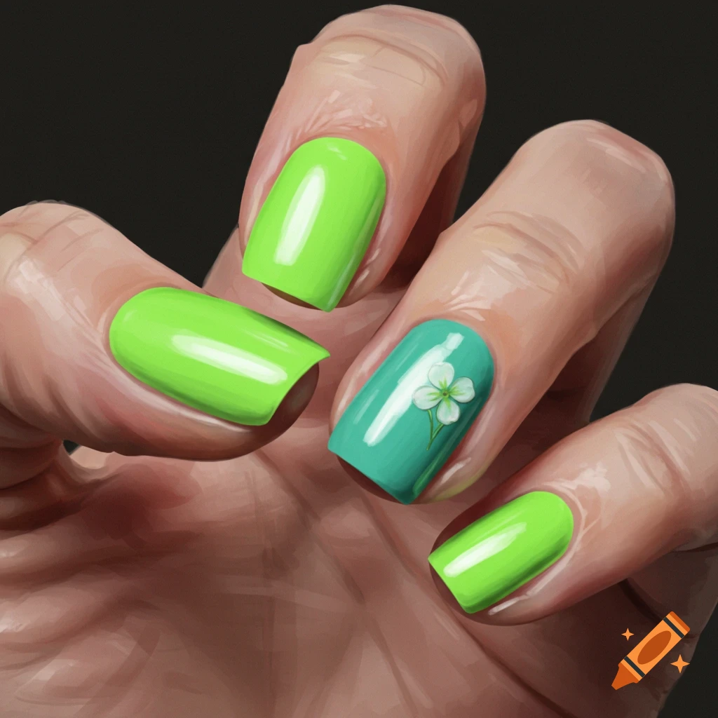 Close-up of a hand with bright green and blue nails, one nail features a white flower design.