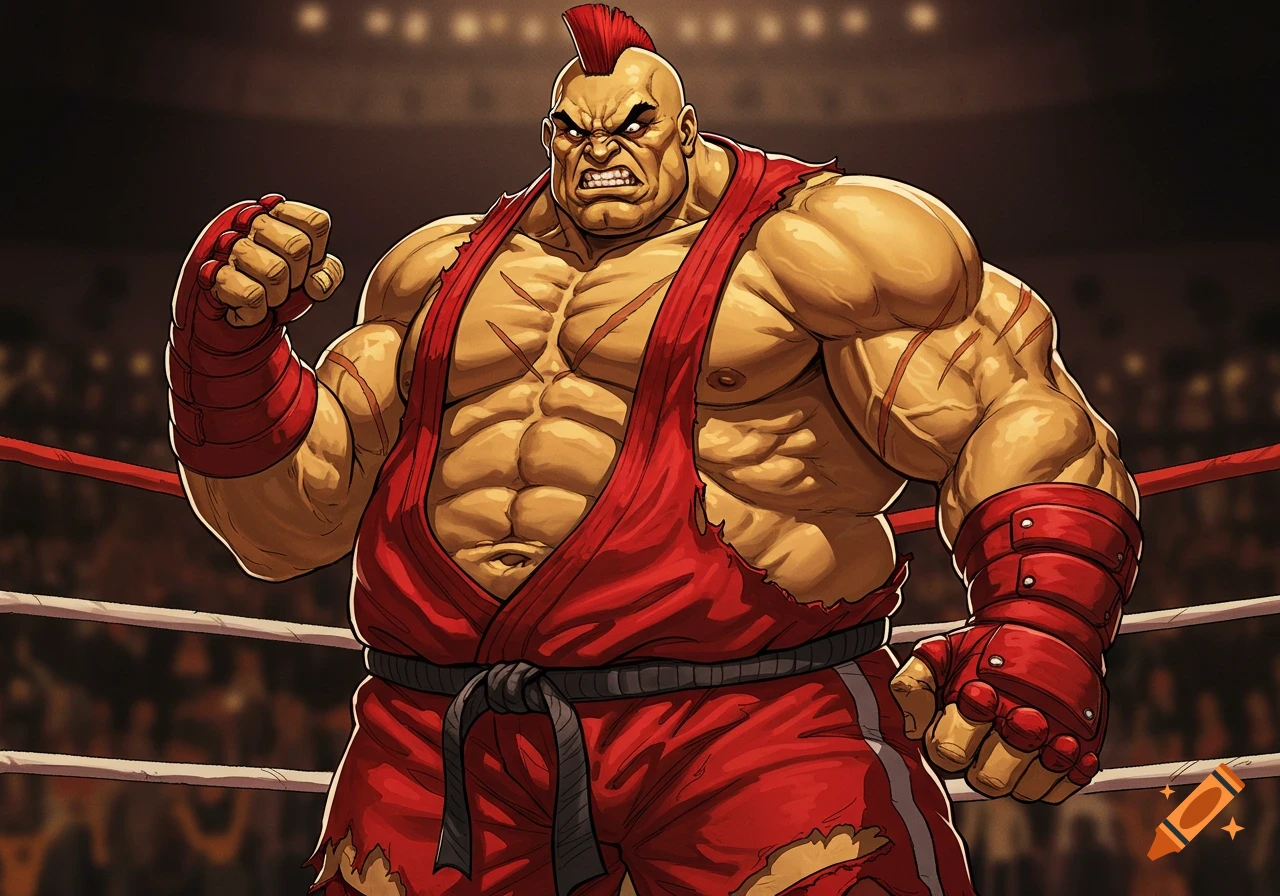 Muscular fighter with red mohawk and outfit in a wrestling ring, illustration.