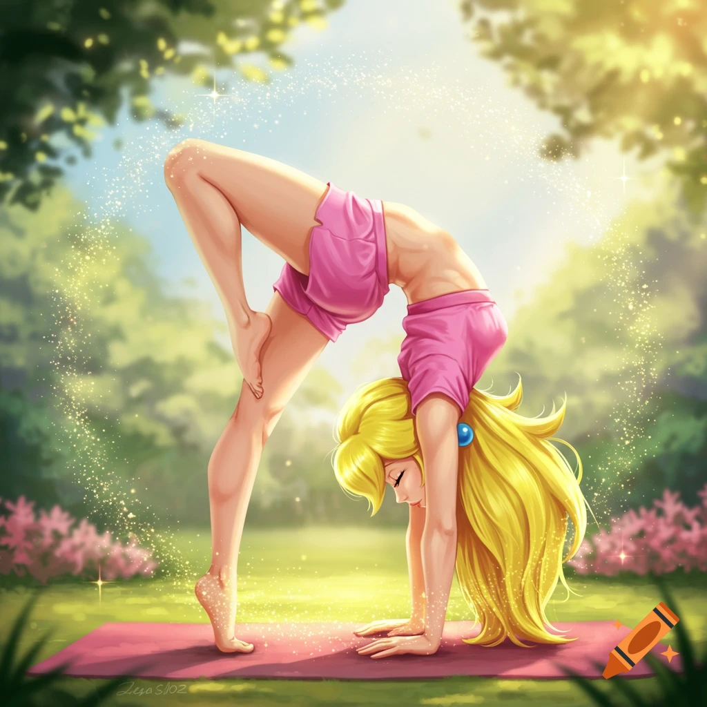 Princess Peach in a pink crop top and shorts doing a yoga pose in a park