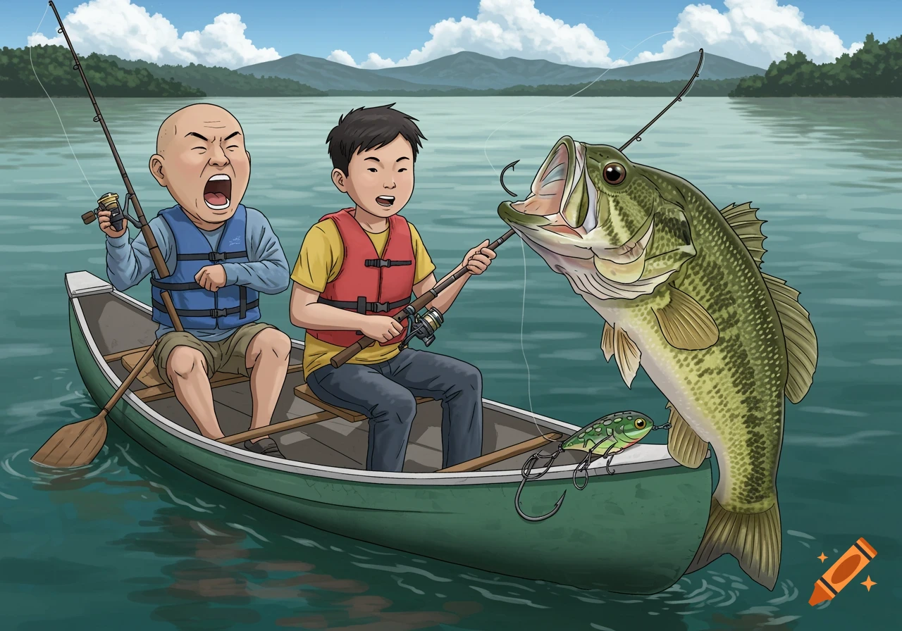 Cartoon illustration of two people in a canoe fishing. A large bass jumps out of the water next to them.
