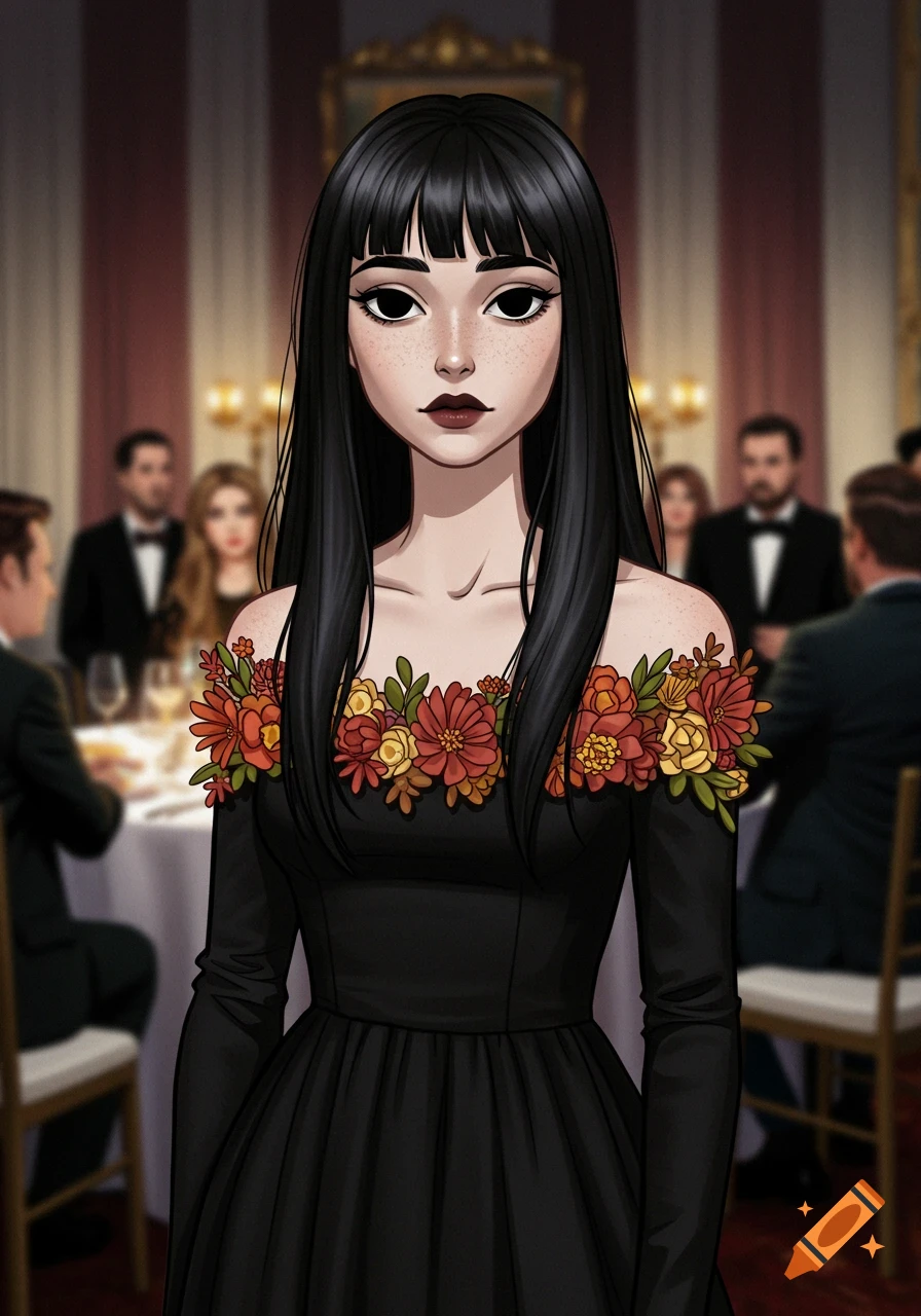 Cartoon comic book style portrait of a woman in a black dress with floral shoulders at a fancy dinner.