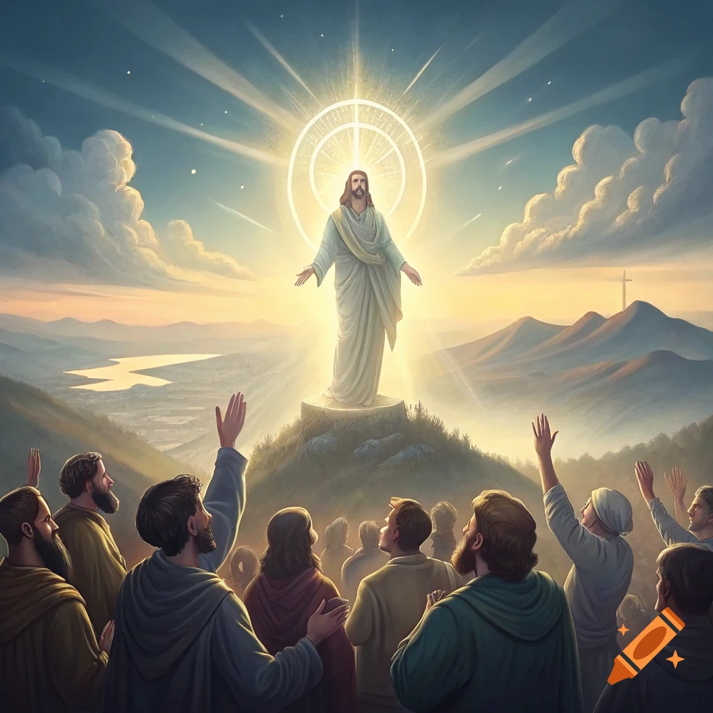 Jesus stands on a hill, bathed in light, as followers below look up. Sunset landscape with mountains and river.