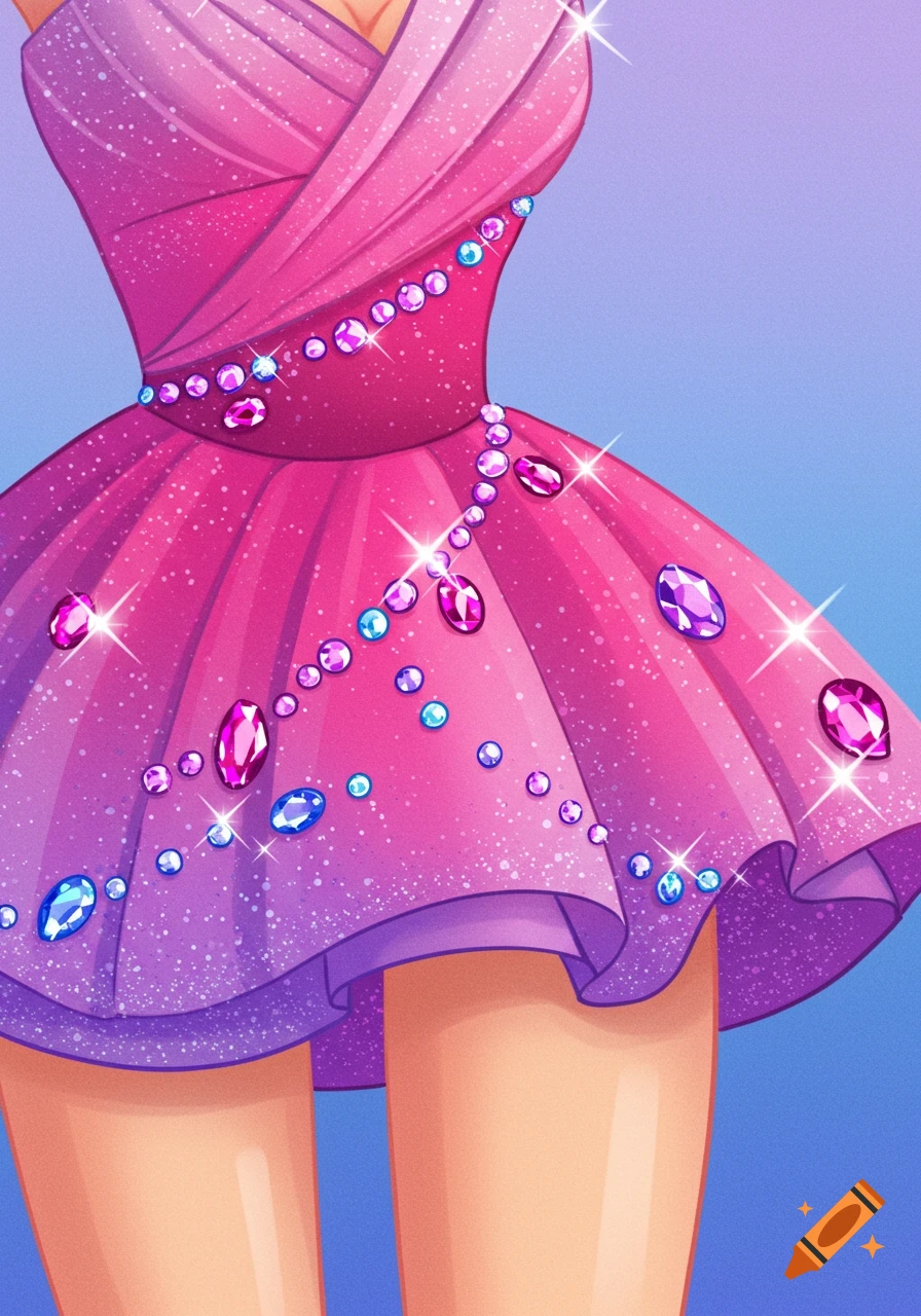 Close-up of a sparkly pink and purple dress decorated with gems.