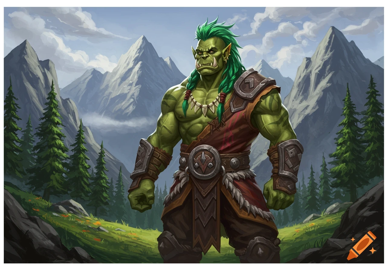 Illustration of a muscular green orc with braided green hair standing in a mountain landscape.