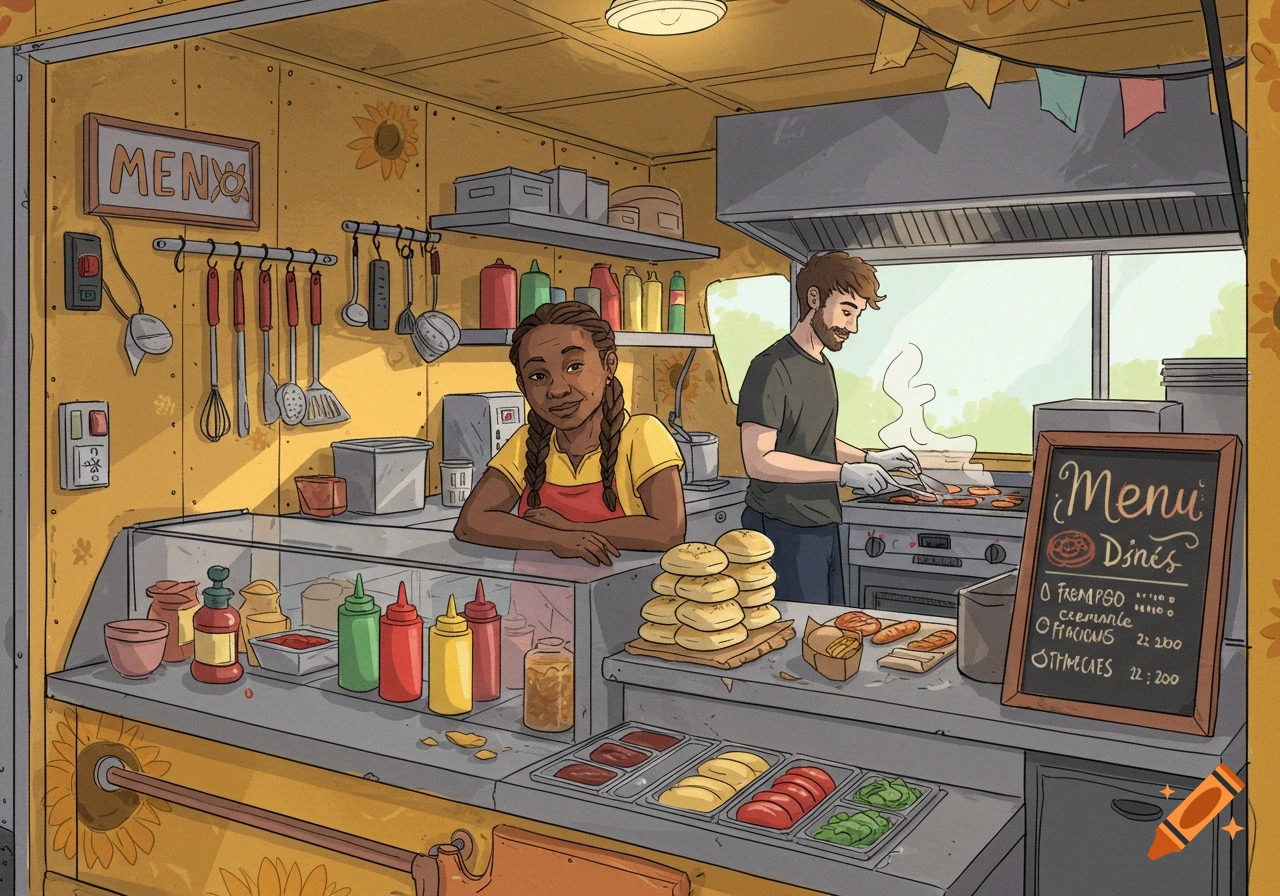 Inside a food truck, a woman stands at the counter while a man cooks on a grill. Illustrated in a 2D drawing style.