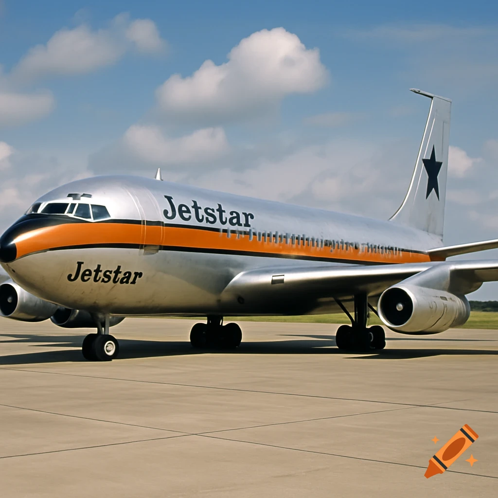 Photorealistic image of a silver and orange Jetstar airplane on a tarmac