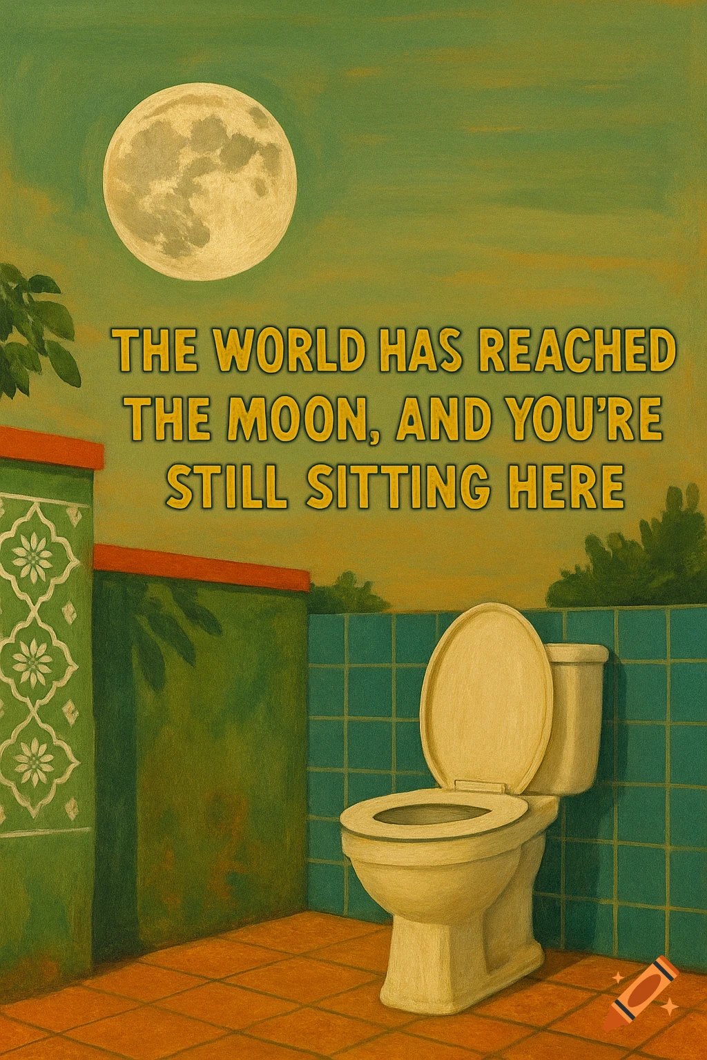 Painting of a toilet in a room under a large moon, with text overlaid.