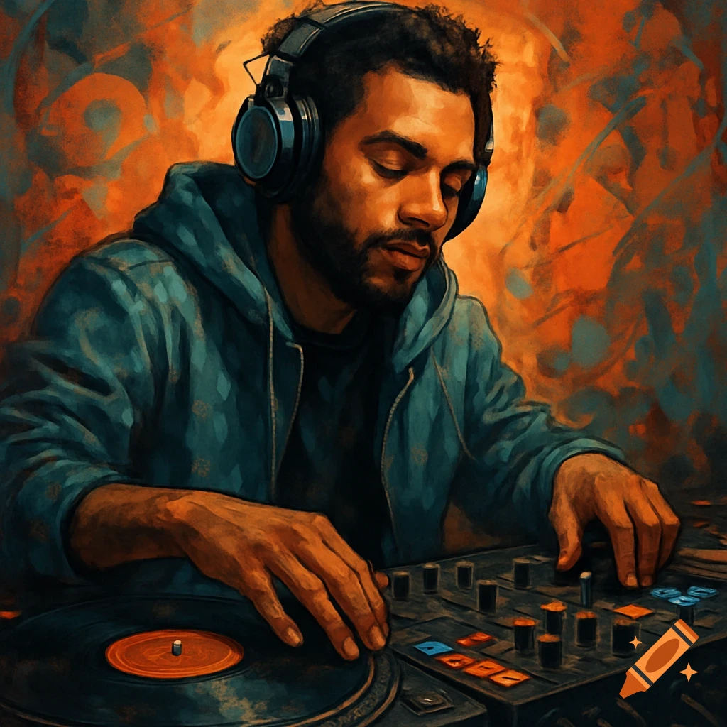 A man with headphones mixes music on DJ equipment in a painterly style.