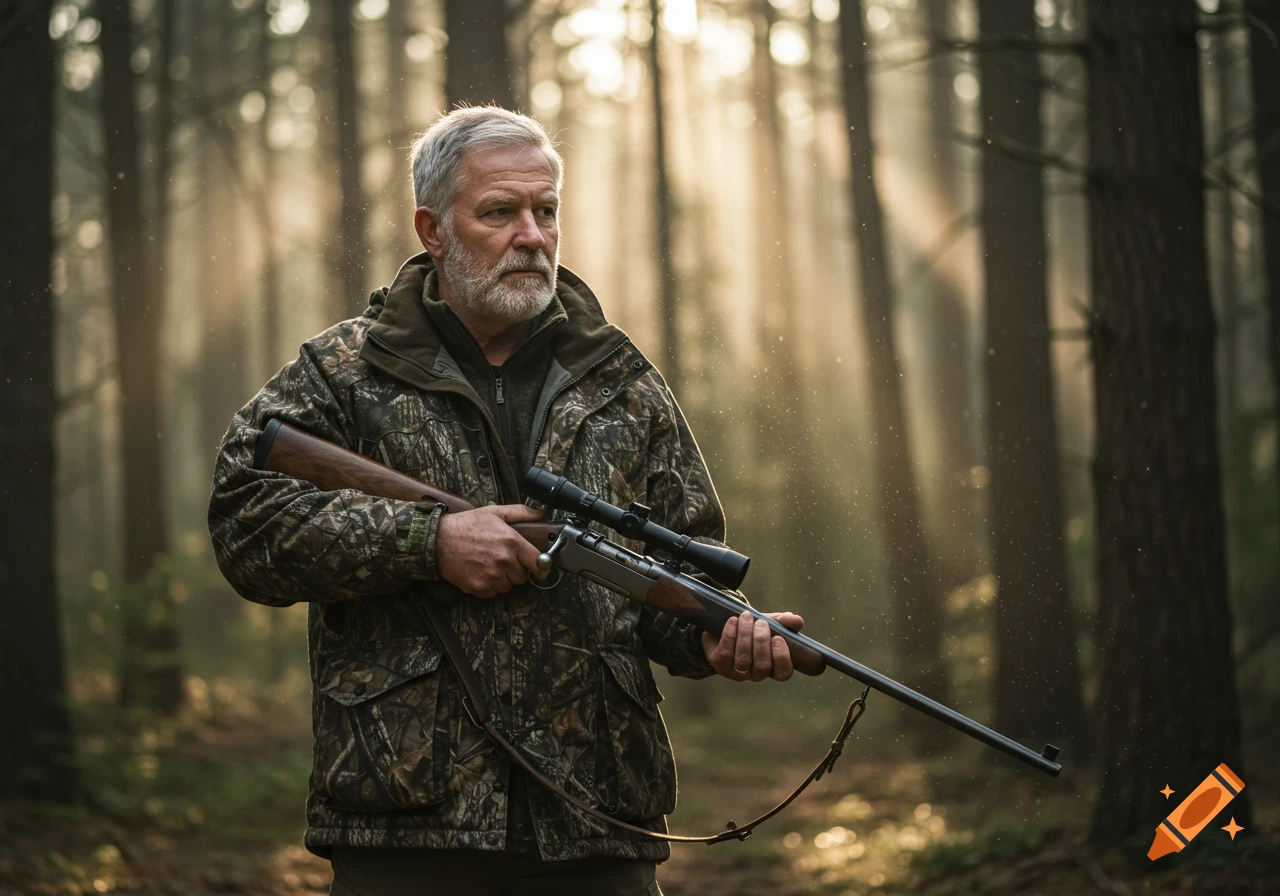 Gray-haired hunter with rifle in a sunlit forest