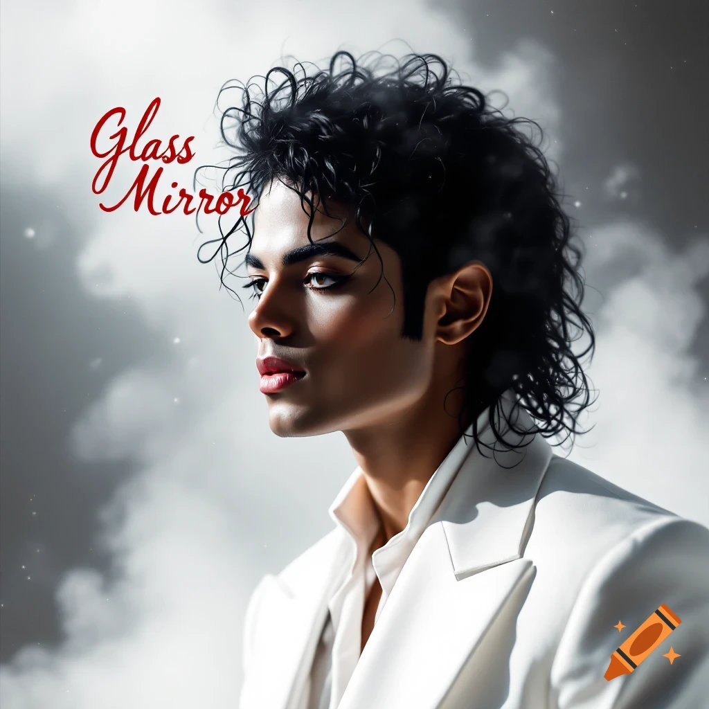 Portrait resembling Michael Jackson in white suit with 'Glass Mirror' text.