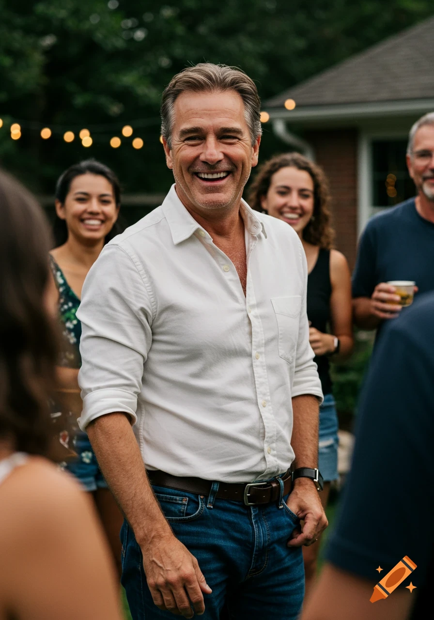 A man smiles among people at an outdoor gathering.