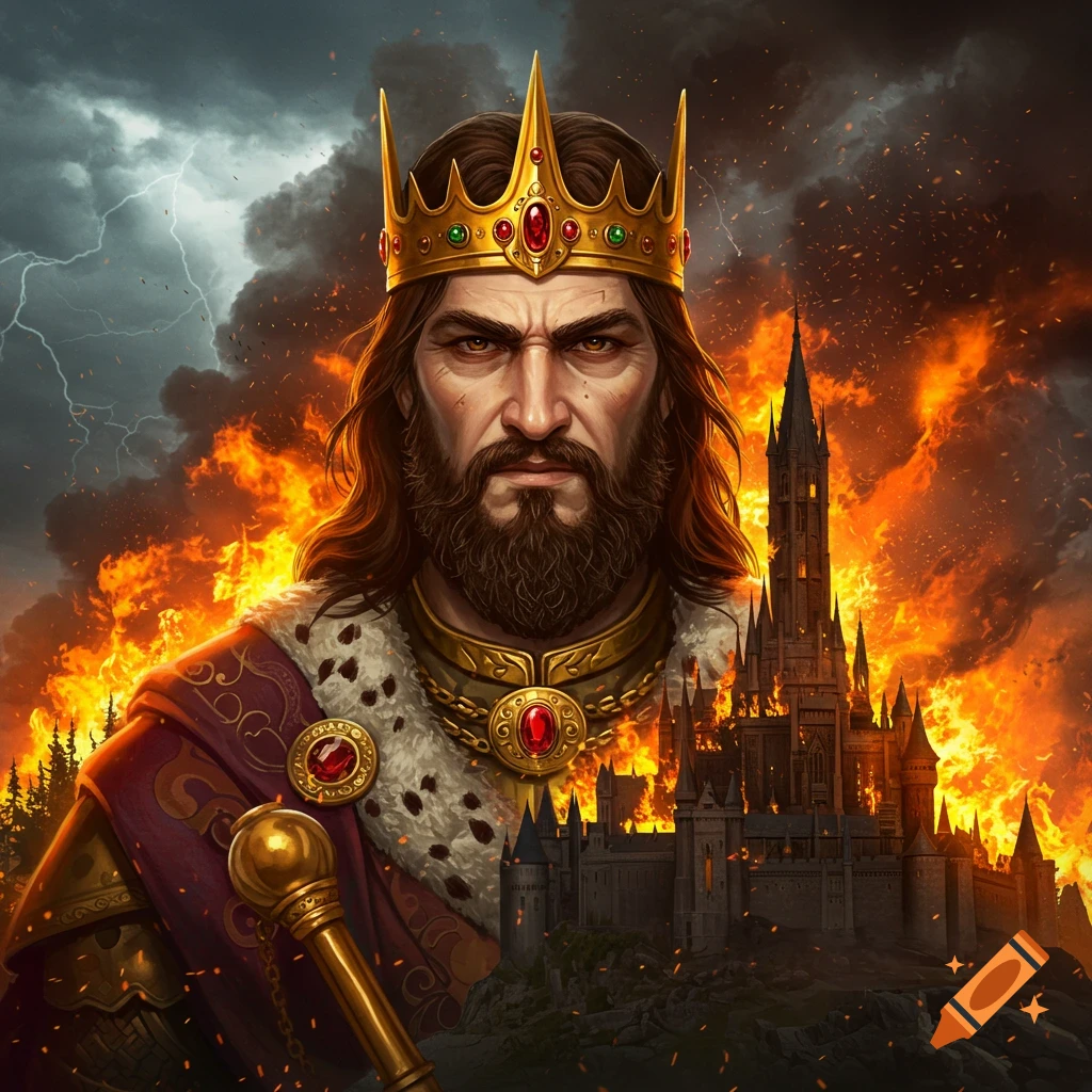 Dramatic portrait of a king in a crown before a flaming castle under a stormy sky