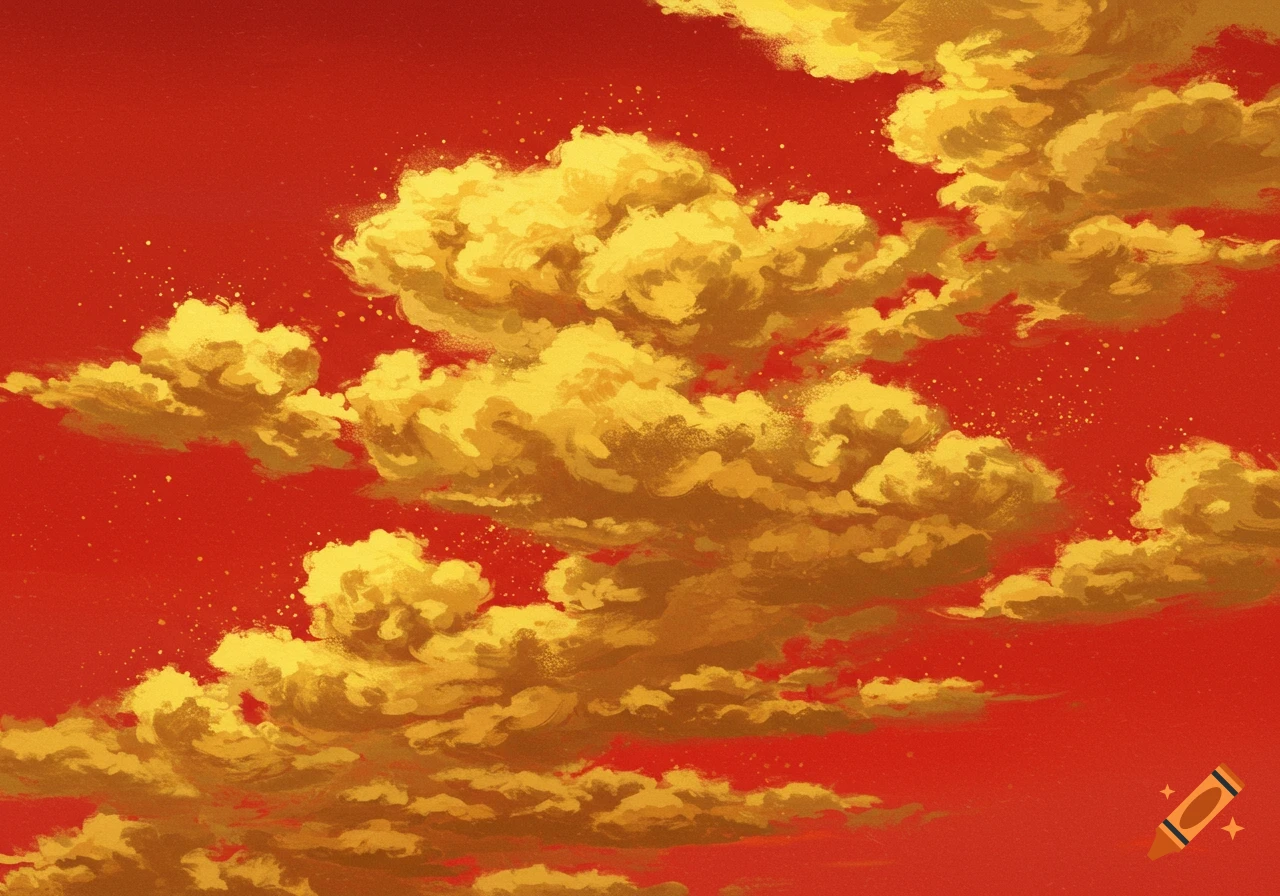 Golden clouds fill a red sky in a painted style.