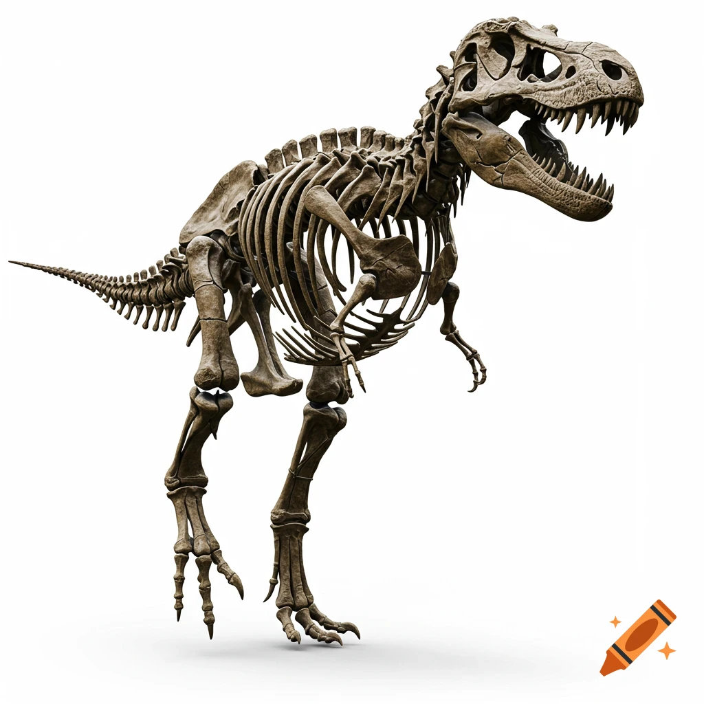 A T-Rex skeleton stands tall against a white background.