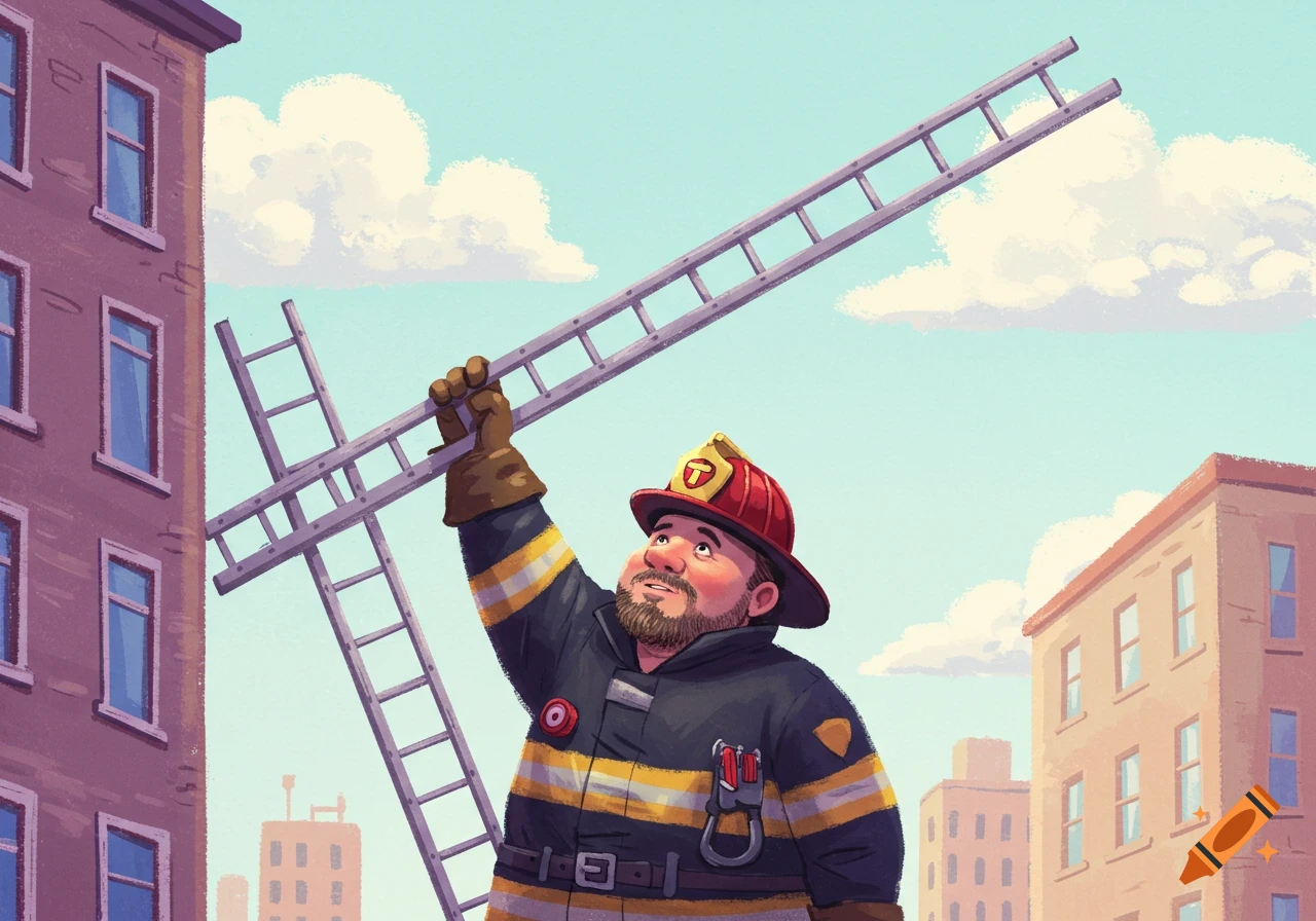 A cartoon firefighter holds up a long ladder outside a building.