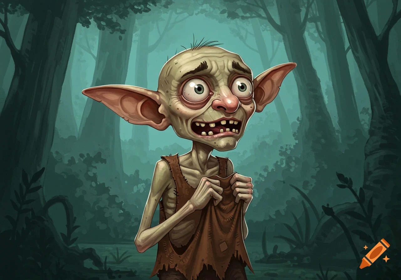A cartoonish, terrified-looking goblin stands in a forest.