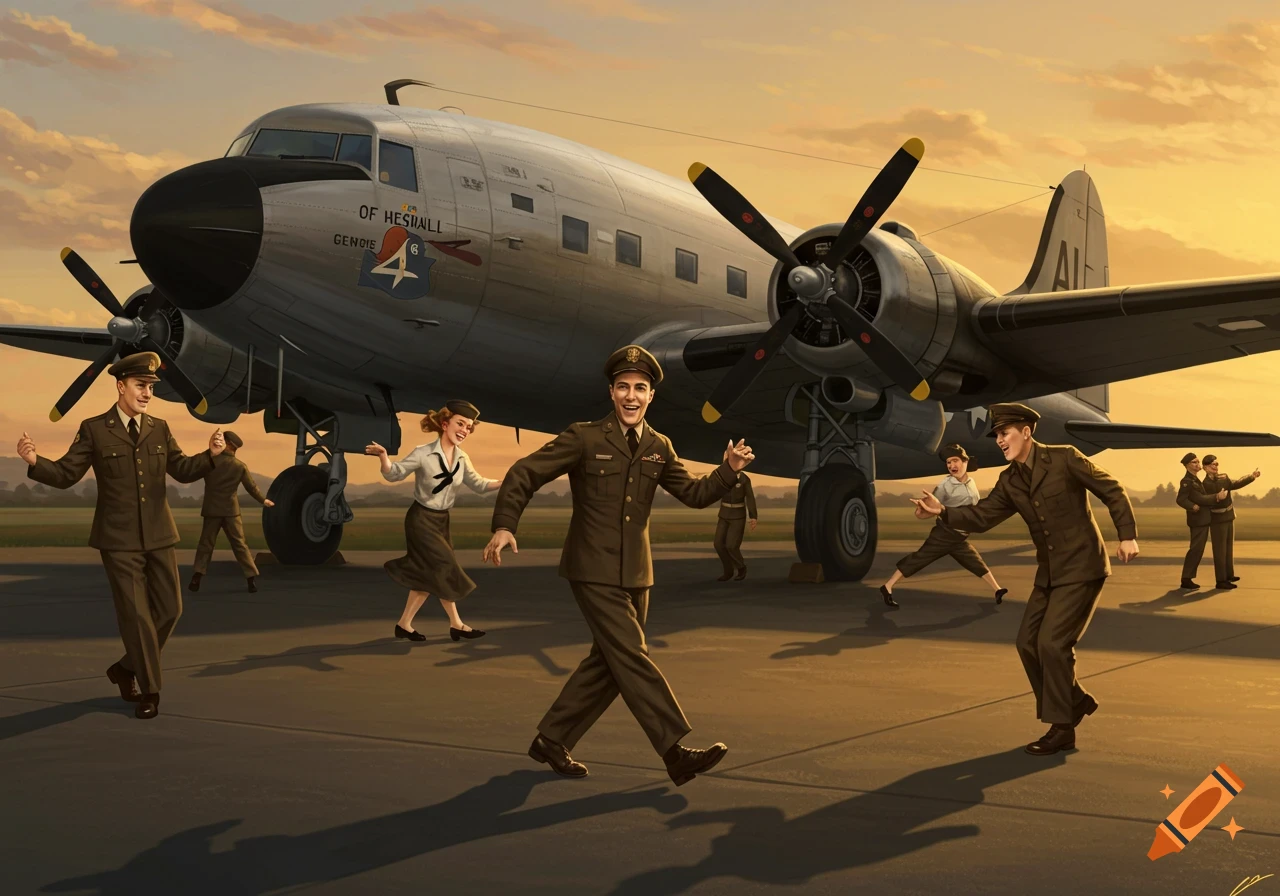 Vintage illustration of military personnel swing dancing on a tarmac next to a large airplane at sunset.
