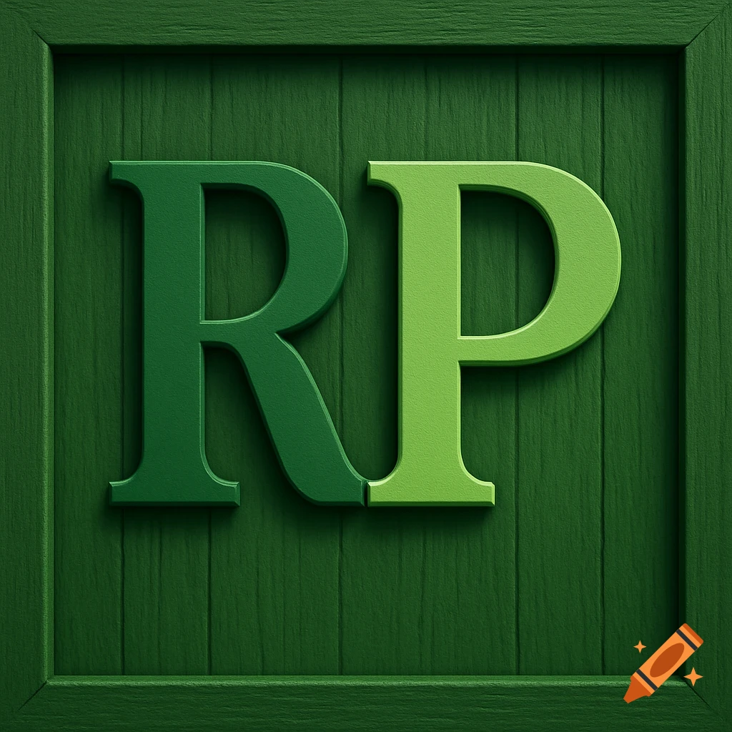 Raised green and light green letters RP on a textured green wooden background with a frame.