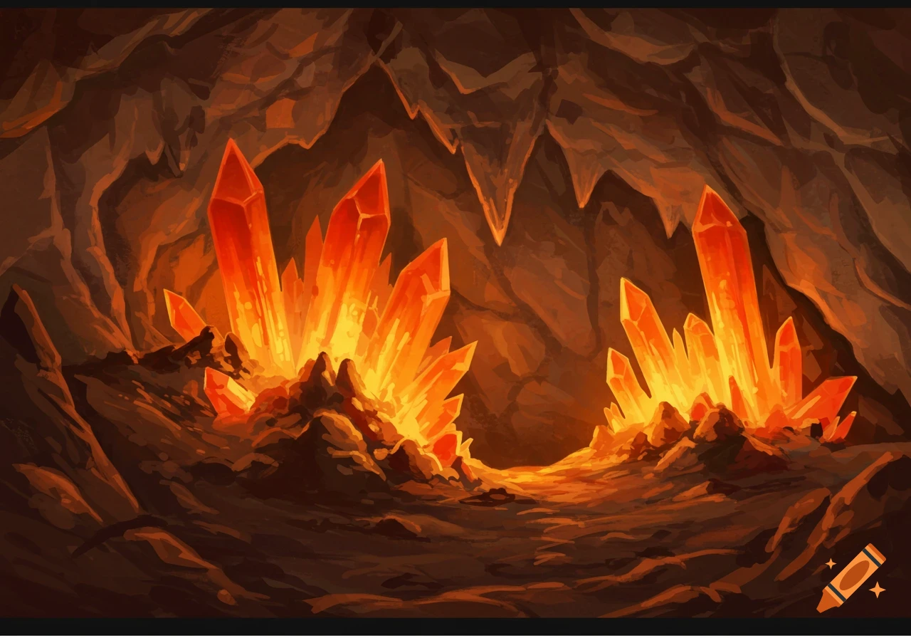 Interior of a dark cave illuminated by large glowing orange crystals.