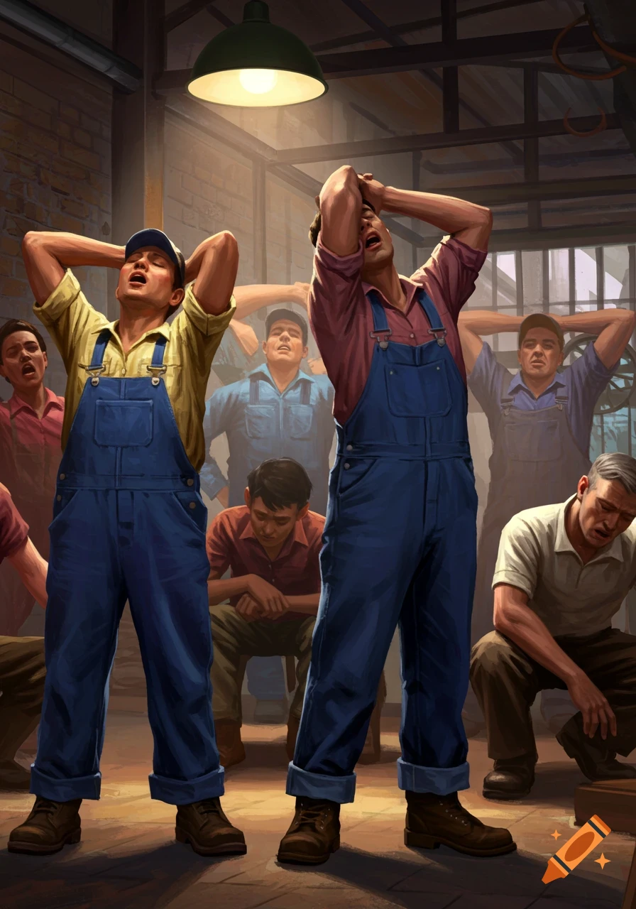 Men in work clothes stretching in a factory or workshop.