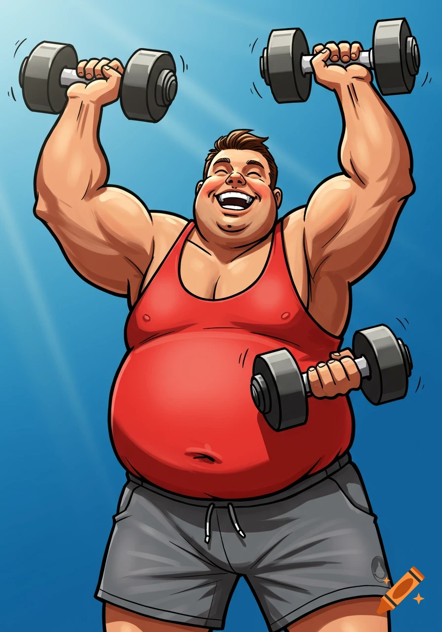 Cartoon illustration of a smiling, overweight man in a red tank top lifting dumbbells overhead.